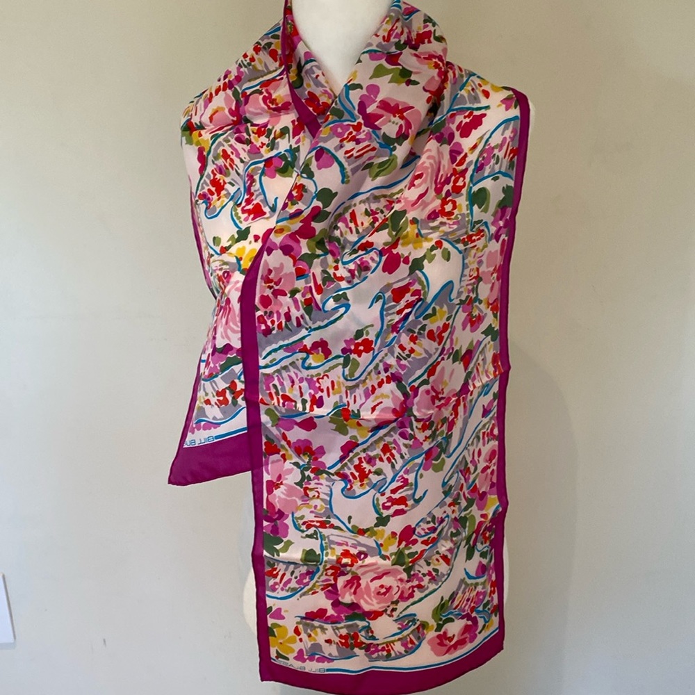 Bill Blass 100% pink green yellow purple floral silk fuschia border oblong scarf